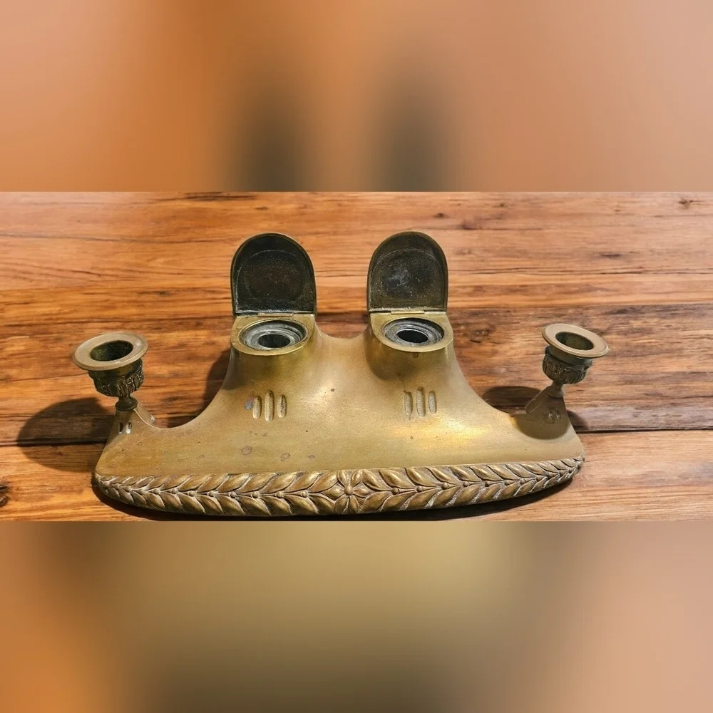 Vintage Brass Double Inkwell with Candle Holders